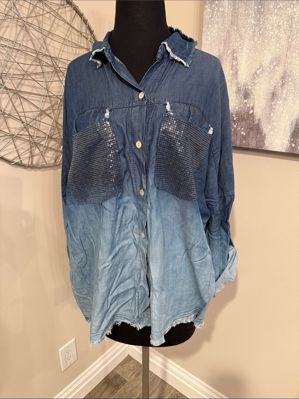 Ombré Denim Button-Up Shirt with Sequin Patch Pockets size medium